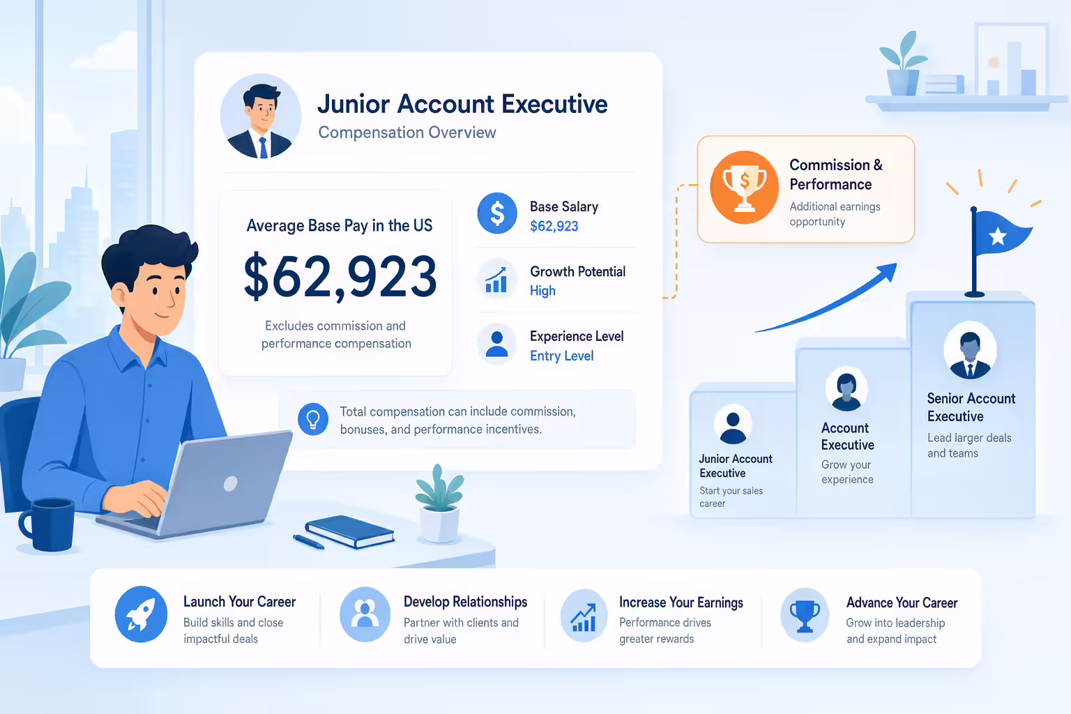 Junior account executive salary factors with base pay and commission