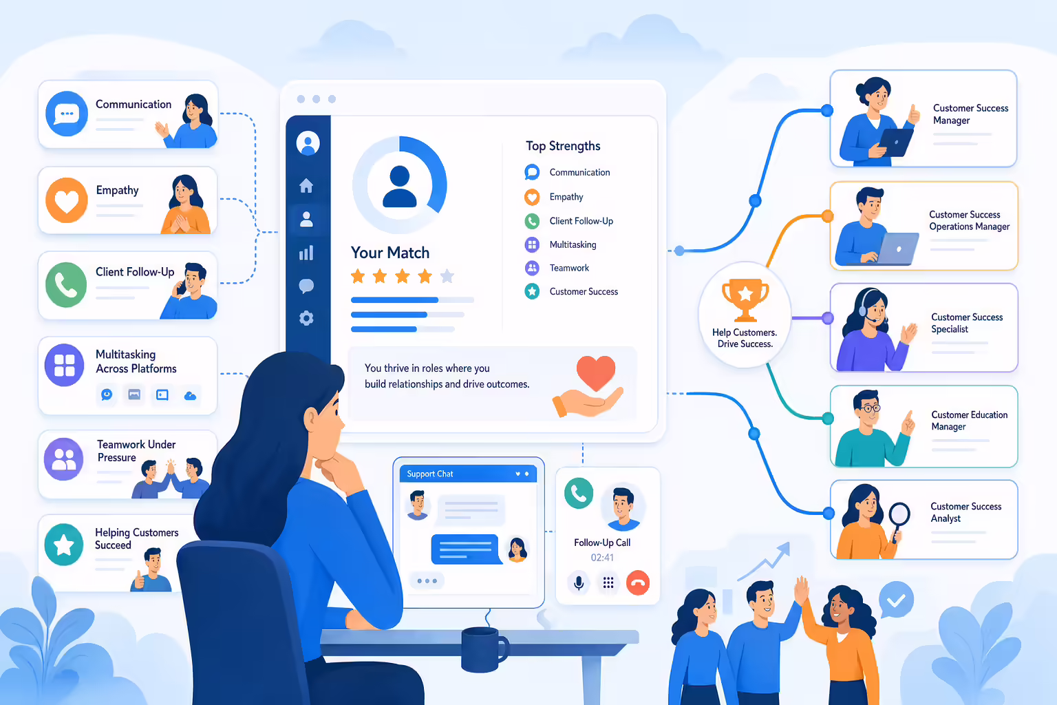 Customer success career path with support workflows and client communication