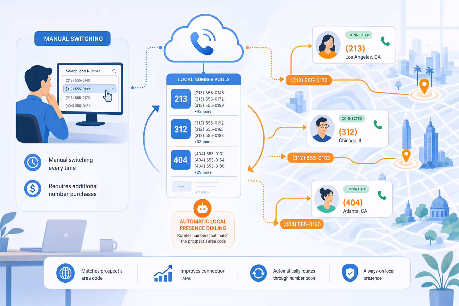 Automatic local presence routing calls through local numbers