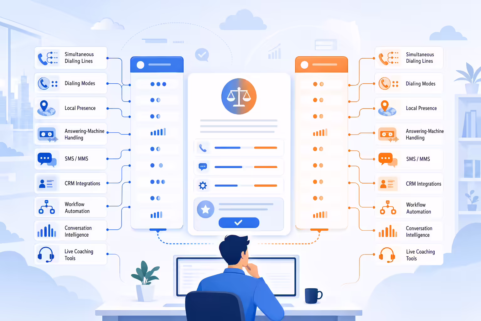 Power dialer feature comparison dashboard with call and CRM workflows