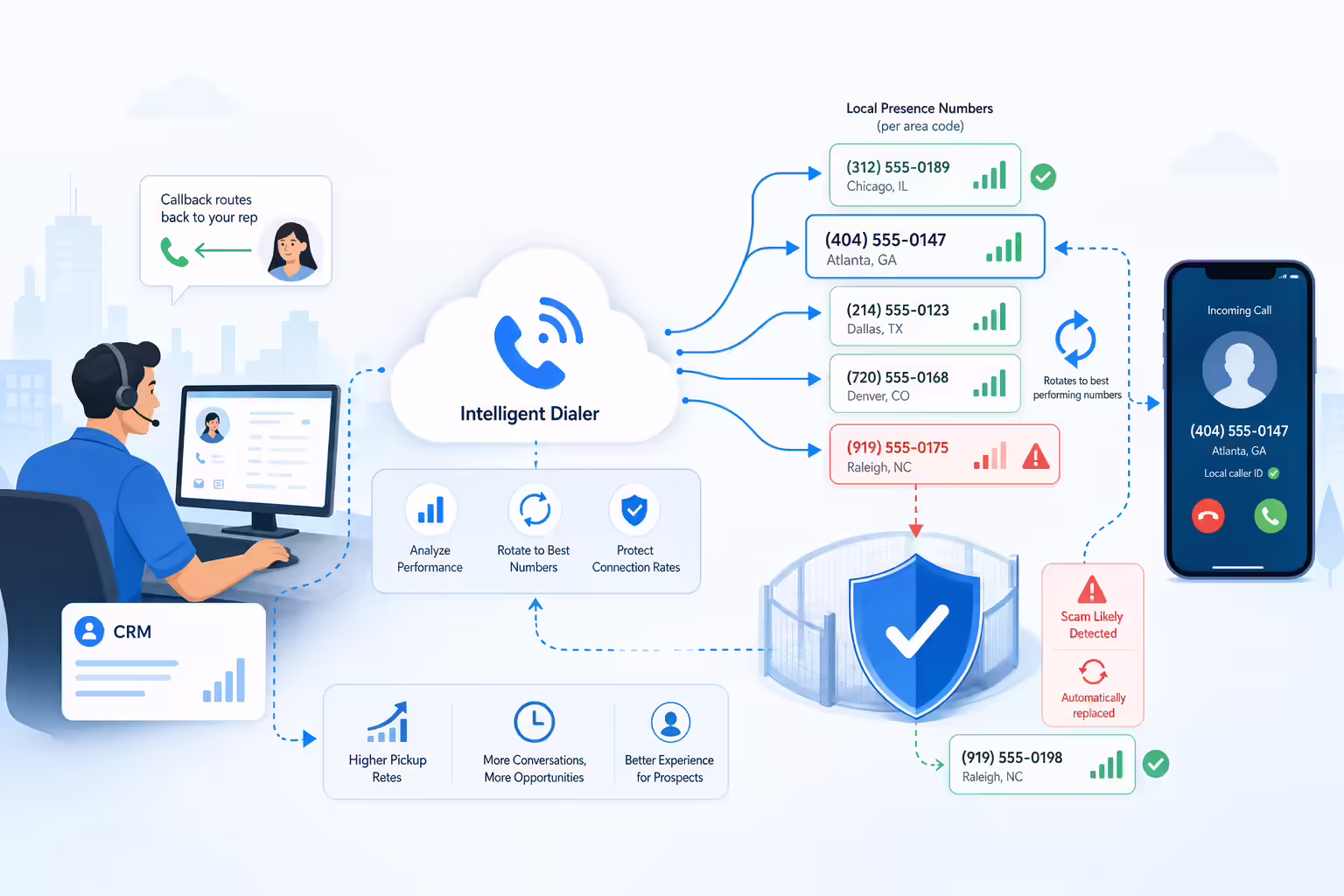 Local presence dialing number rotation and scam detection workflow