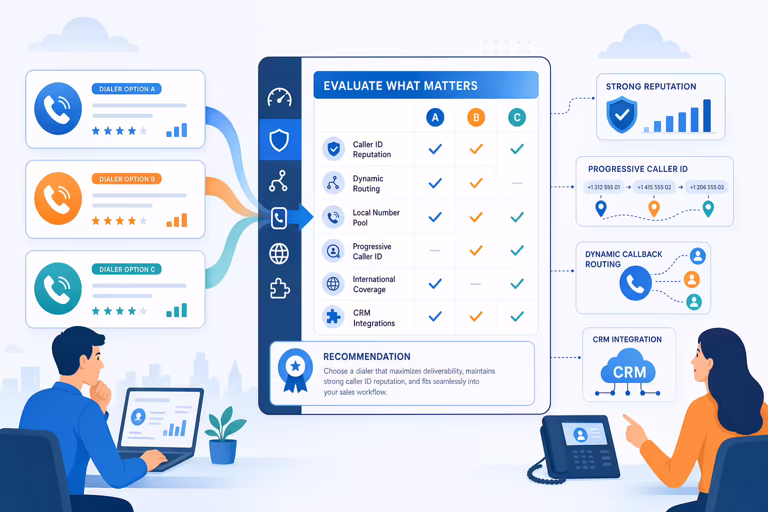 Local presence dialer evaluation with reputation and routing criteria