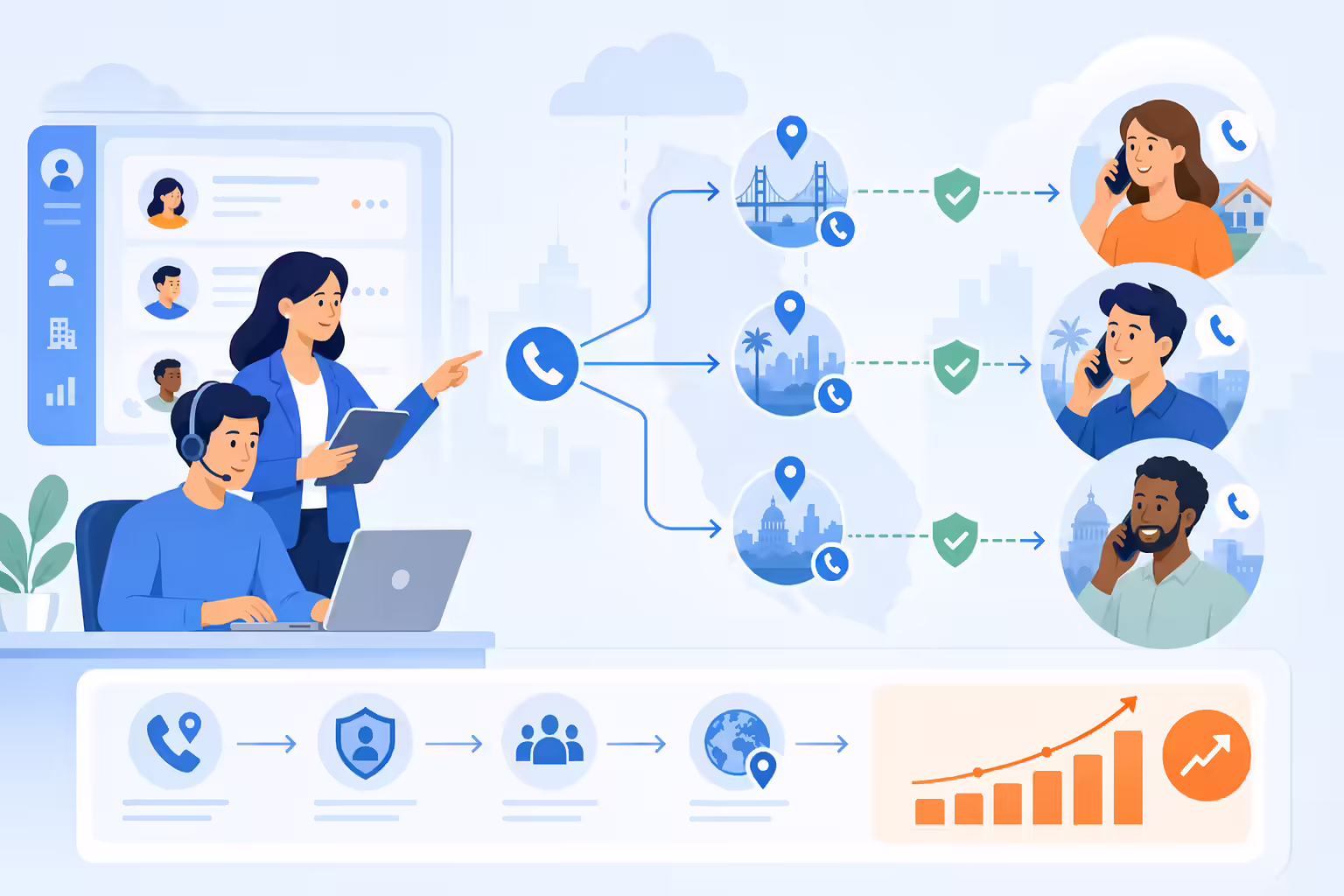 Sales outreach workflow showing local presence dialing trust signals