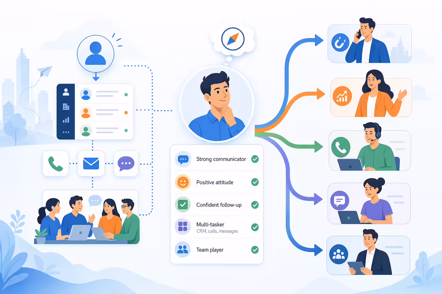 Inbound sales career path with CRM call and message workflows