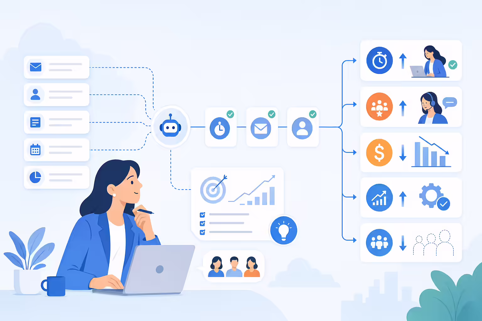 Marketing automation benefits workflow showing time savings and productivity
