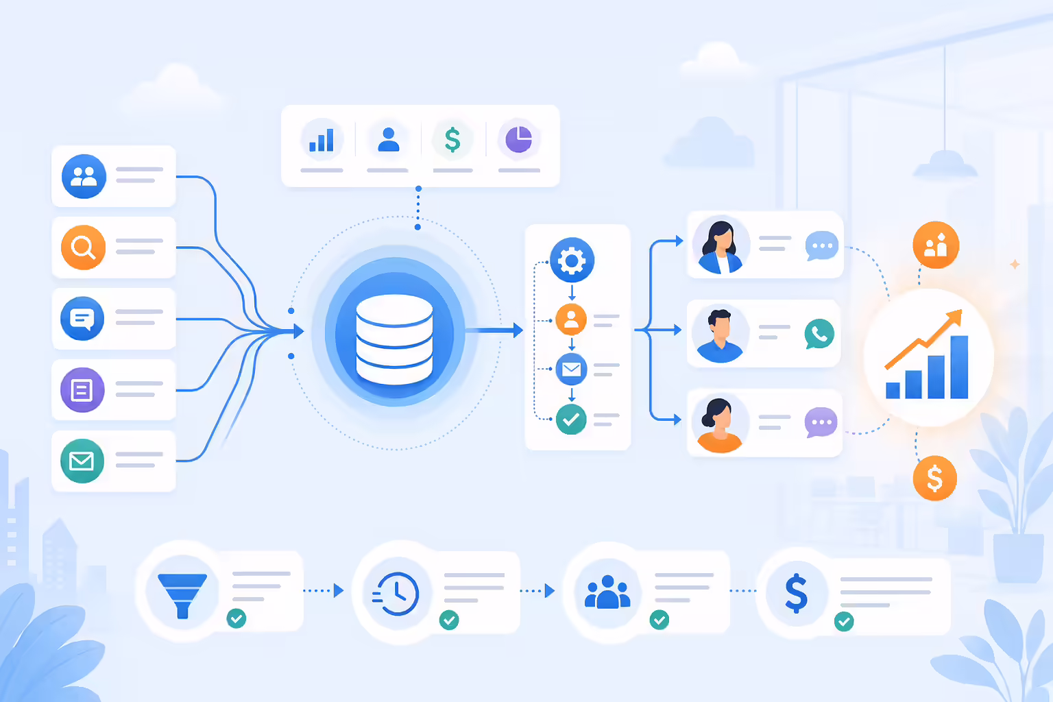 Centralized revenue operations system routing leads through CRM automation