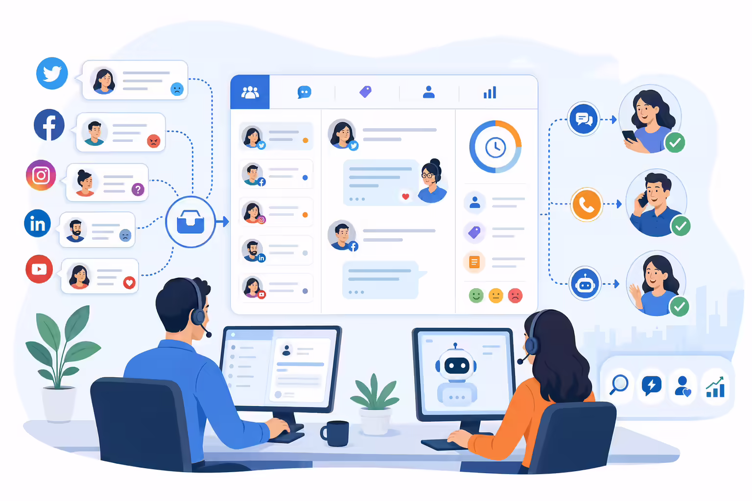 Social media messages routed into a customer service contact center
