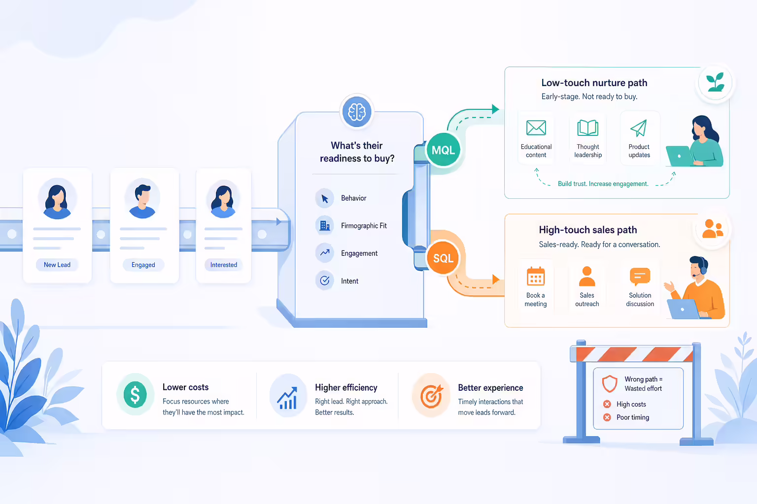 Lead routing workflow separating nurture leads from sales-ready leads