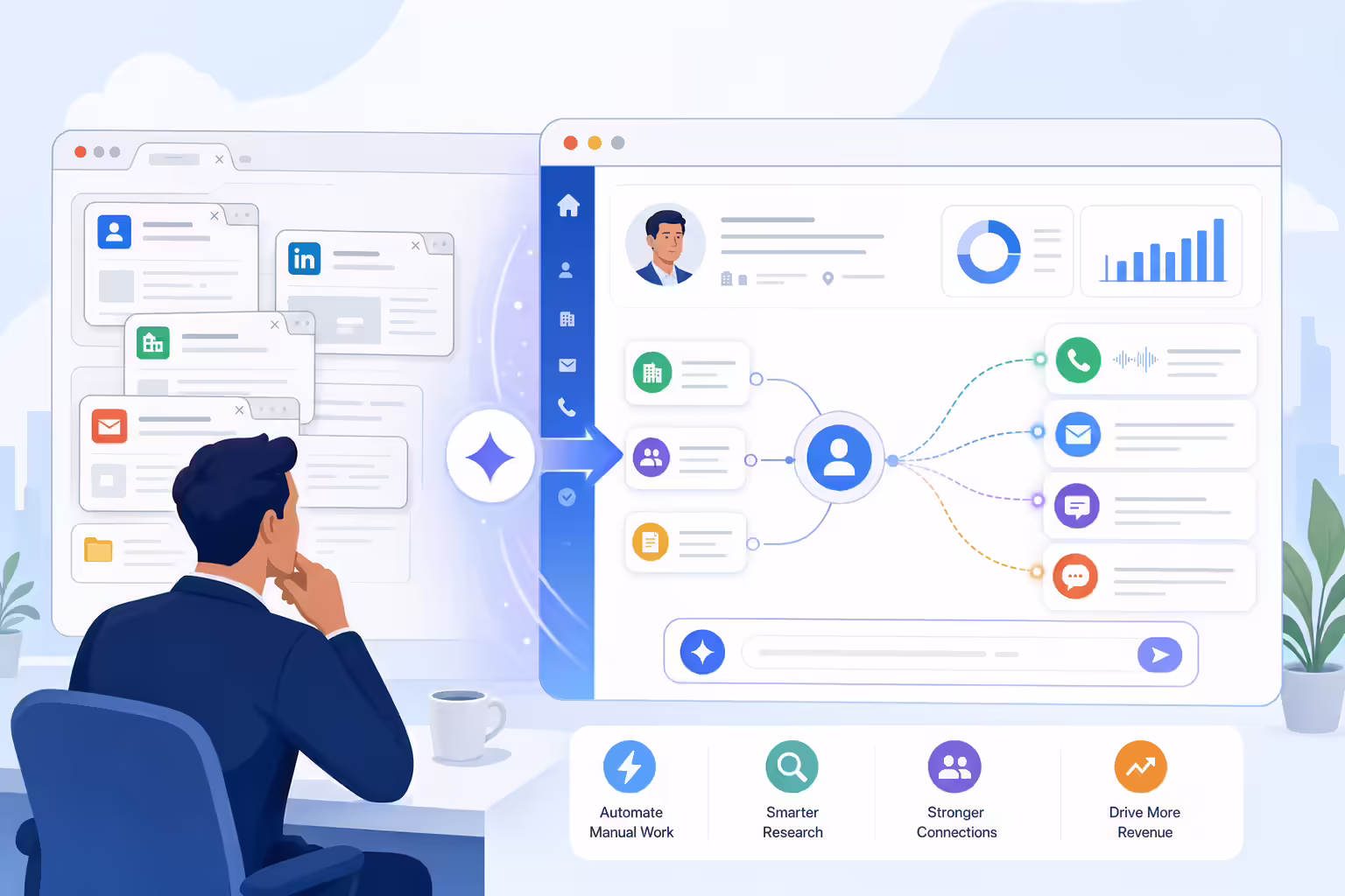 AI browser workspace organizing CRM research and sales outreach