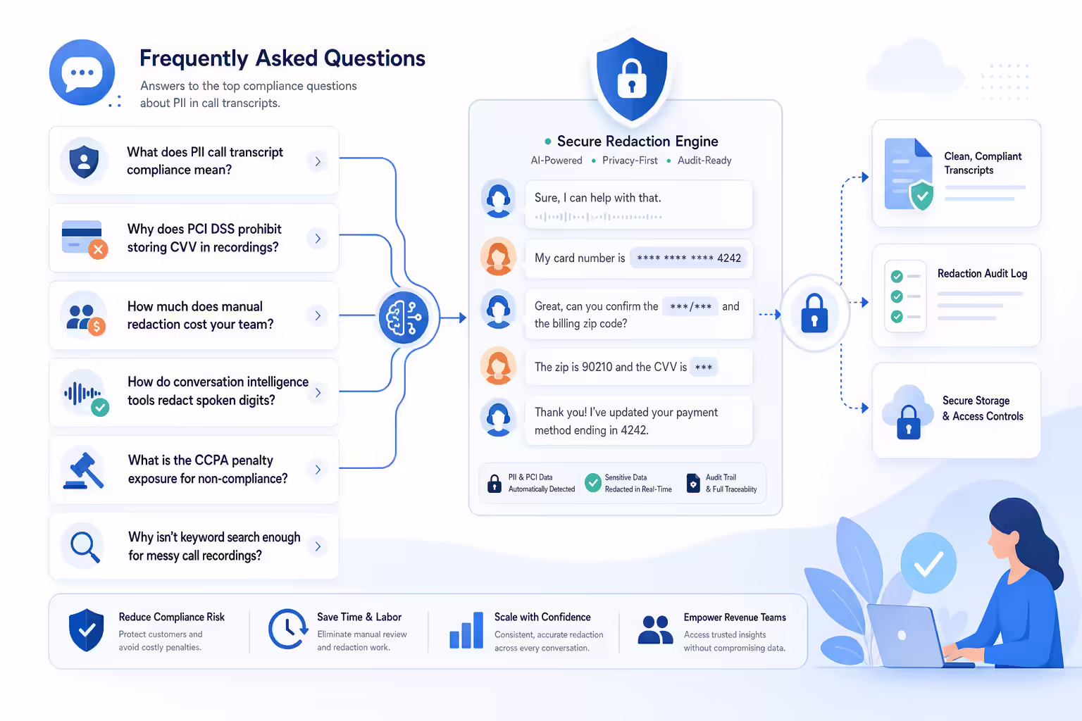 Call transcript compliance FAQ hub with secure PII redaction