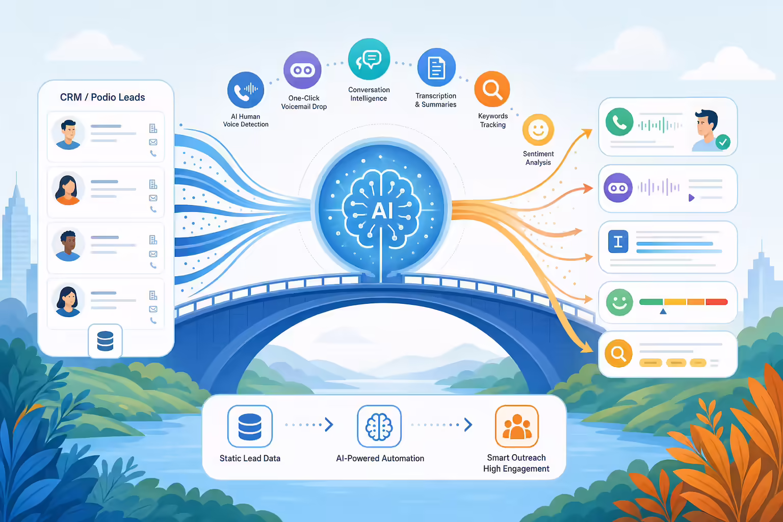 AI outreach hub connecting Podio lead data to calls and insights