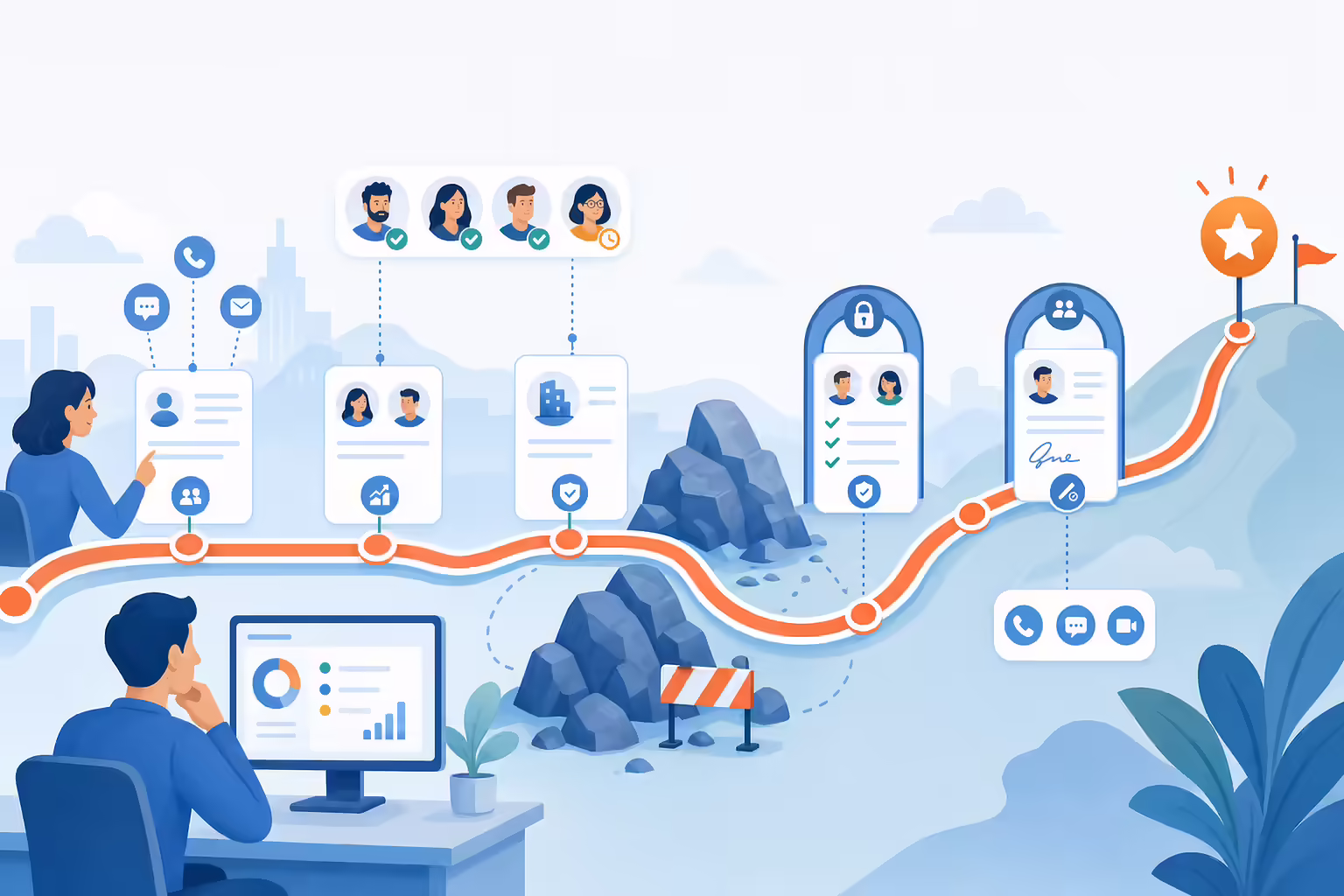 Complex sales process moving through stakeholder stages