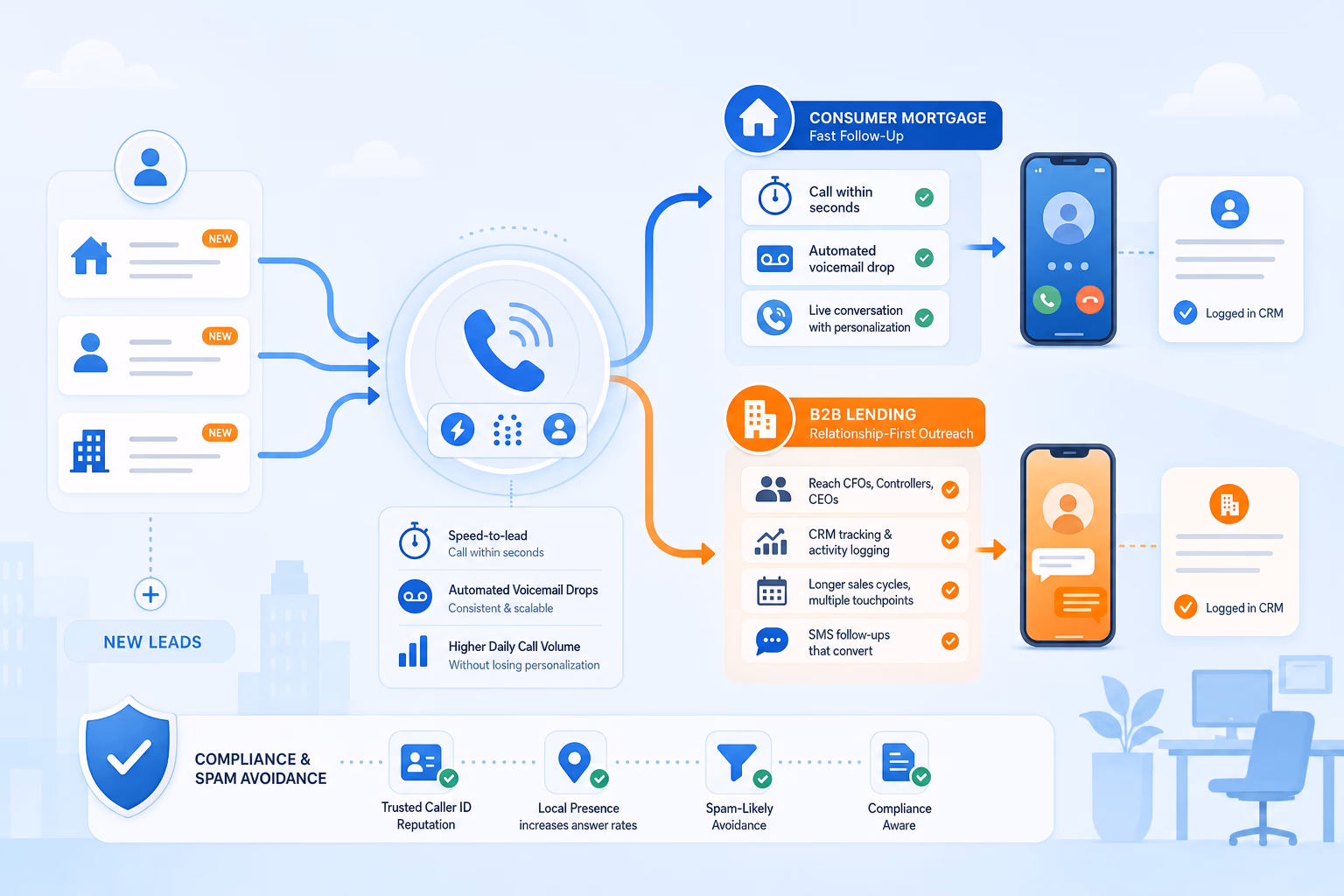 Lending outreach workflow showing power dialer speed and compliance