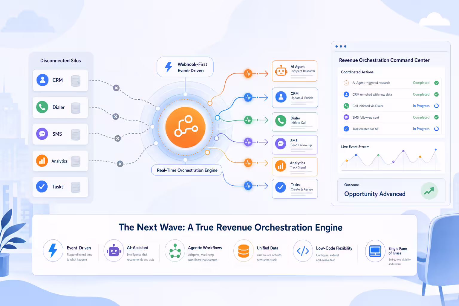 Revenue orchestration engine coordinating data and workflow actions