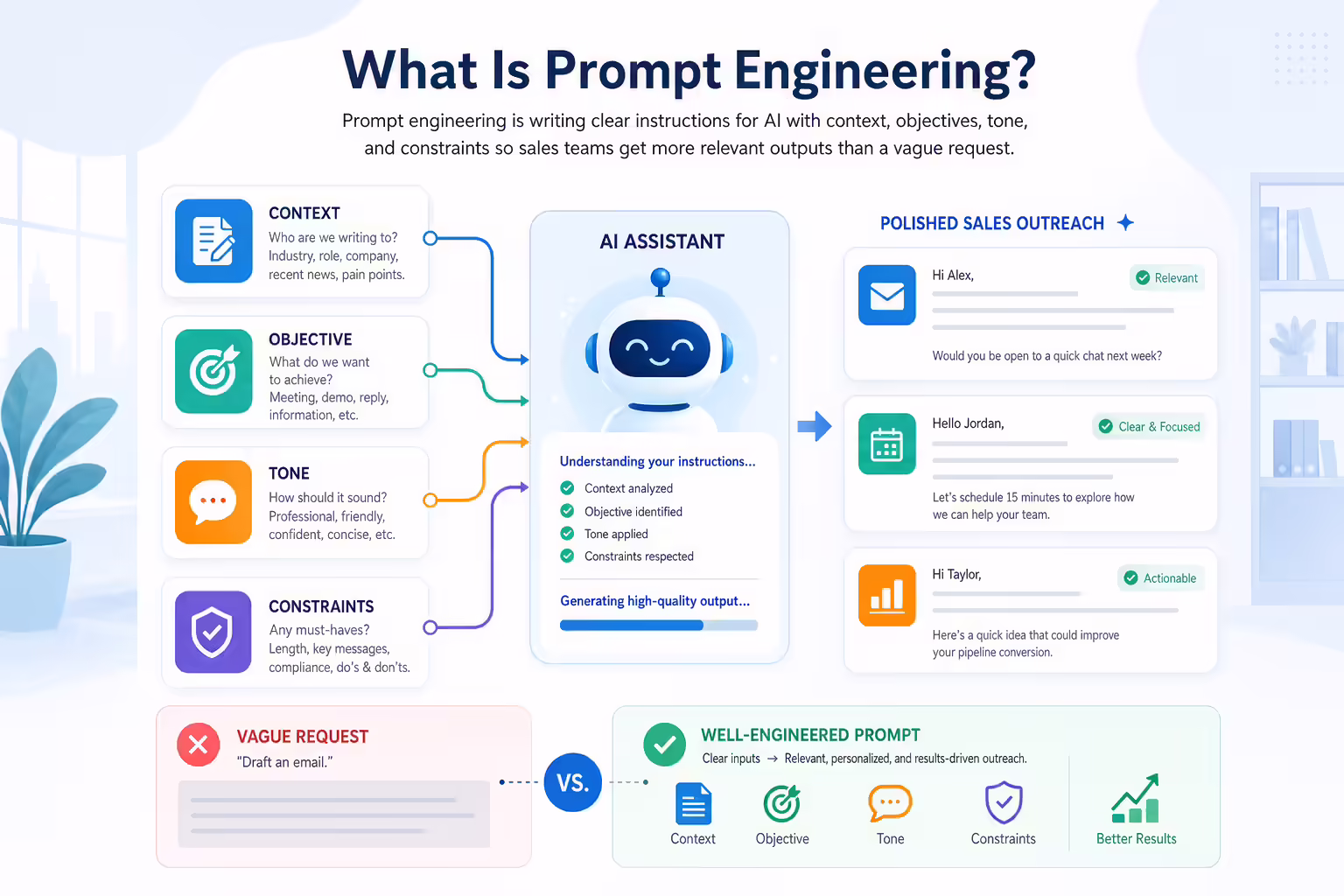 Structured AI prompt inputs producing polished sales outreach