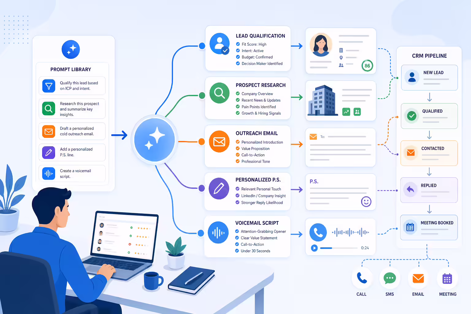 AI sales prospecting prompts routing leads to research outreach and voicemail workflows