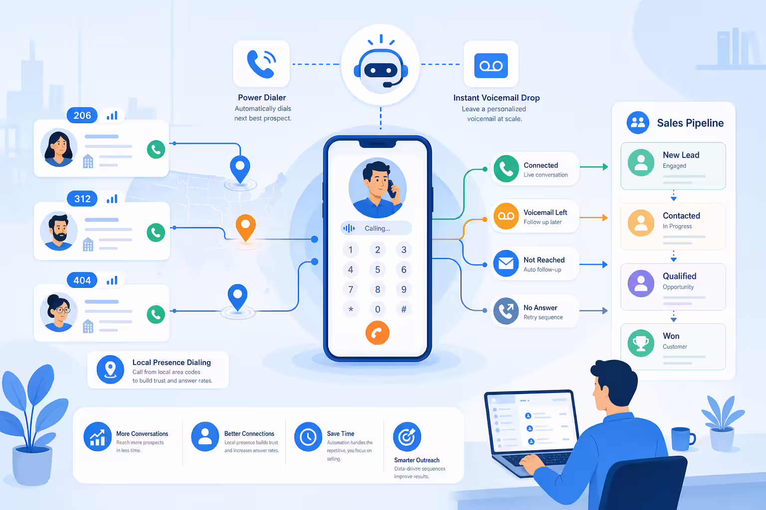 Automated outbound calling workflow with local presence and voicemail drop