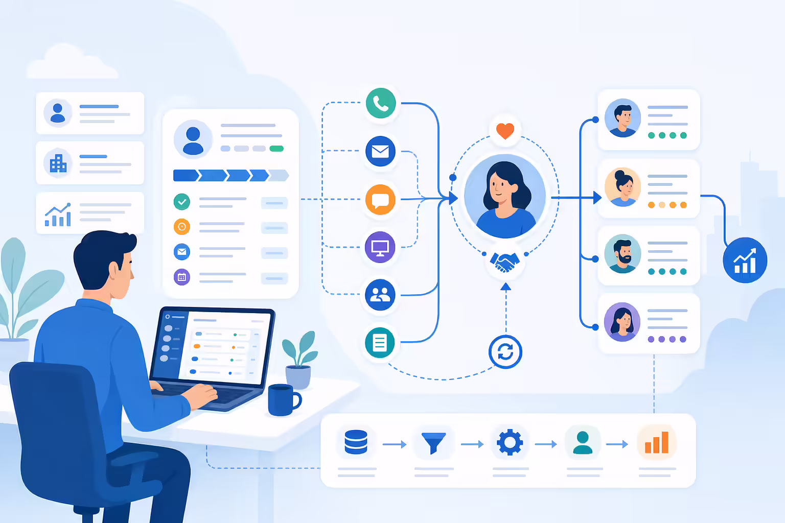 Sales engagement workflow connecting outreach channels and customer touchpoints