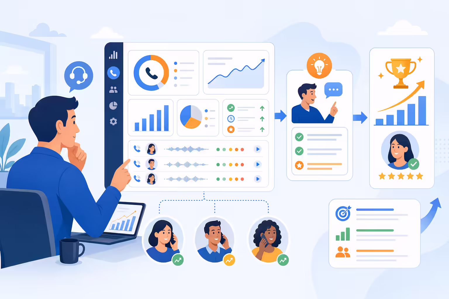Sales manager using call analytics to coach team performance