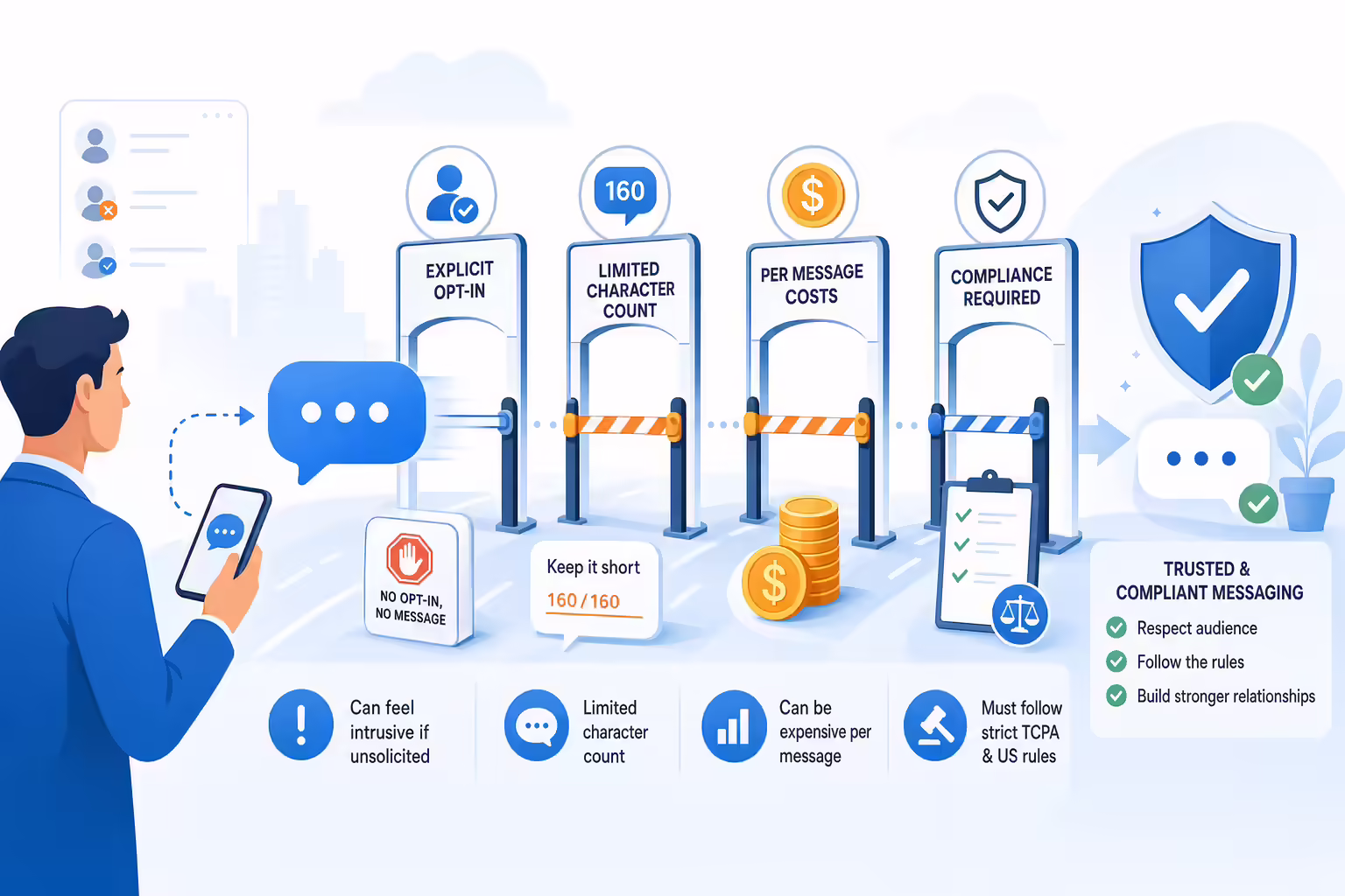 Business SMS compliance gates for consent costs and message limits