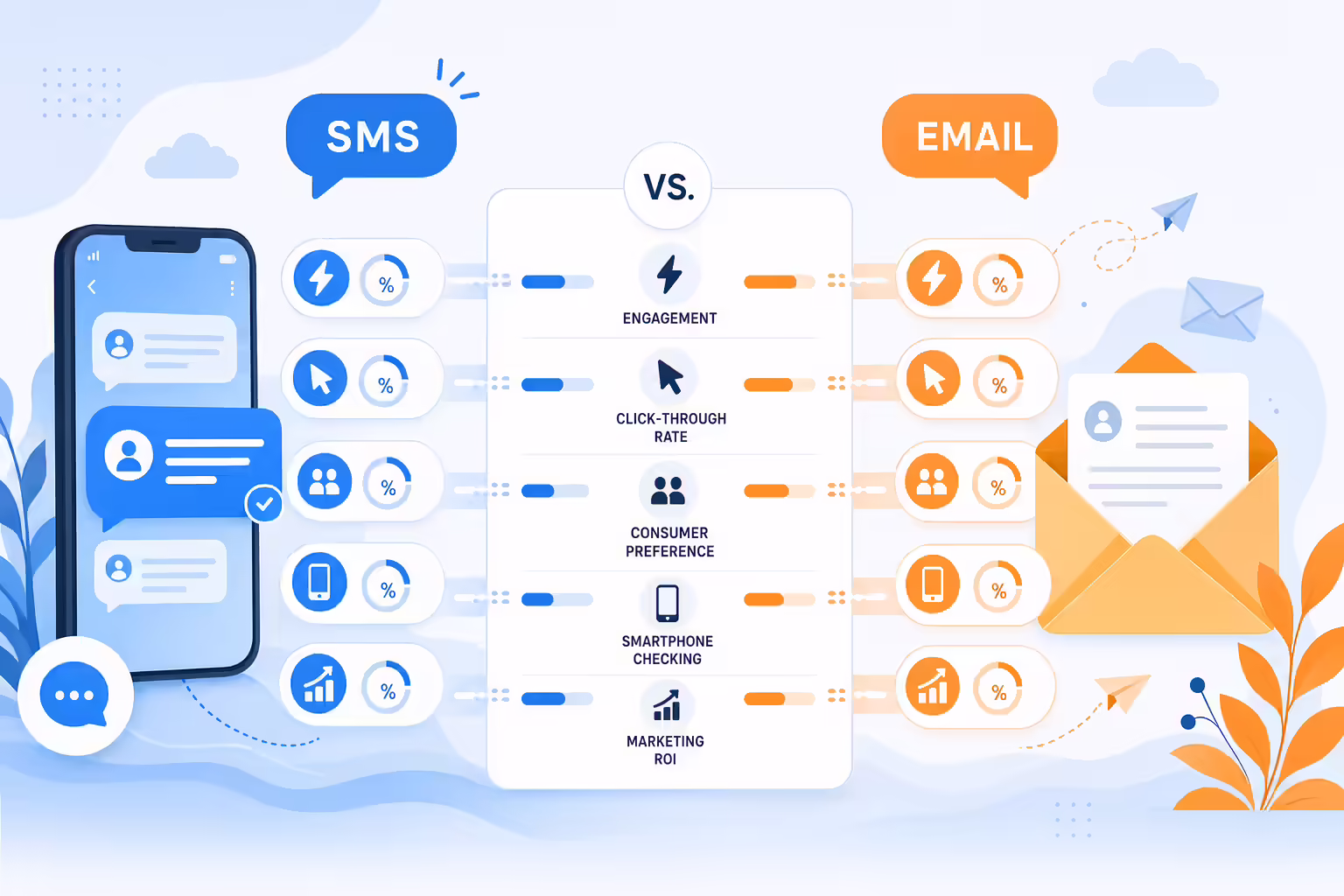 SMS and email engagement statistics compared across sales communication channels