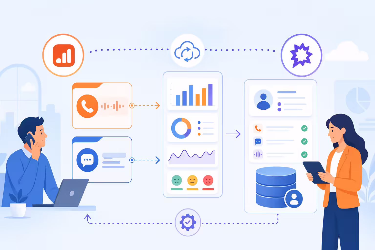 Illustration of Kixie and Gong syncing call, SMS, analytics, and CRM data