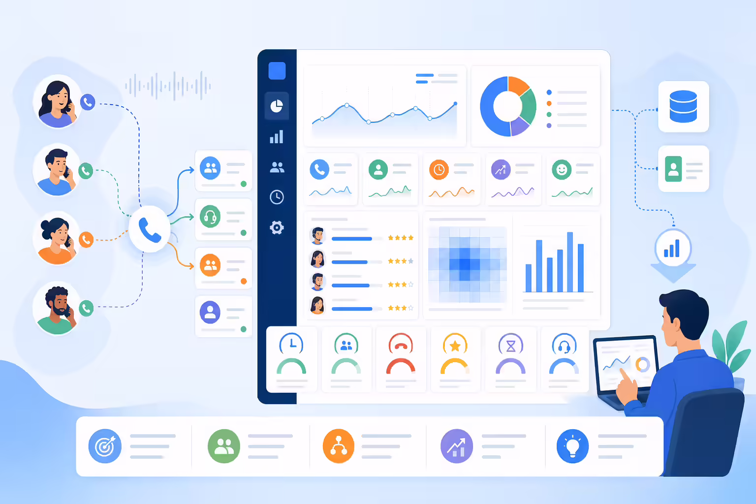Call routing analytics dashboard tracking outcomes and queue performance