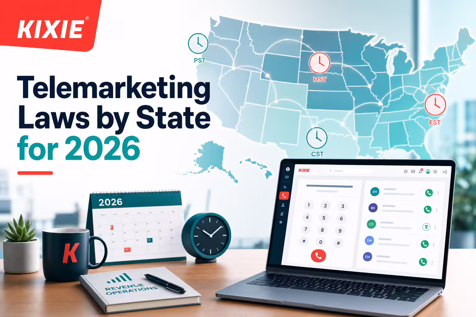Kixie editorial illustration for telemarketing laws by state in 2026 with map, clocks, and sales dialer workflow