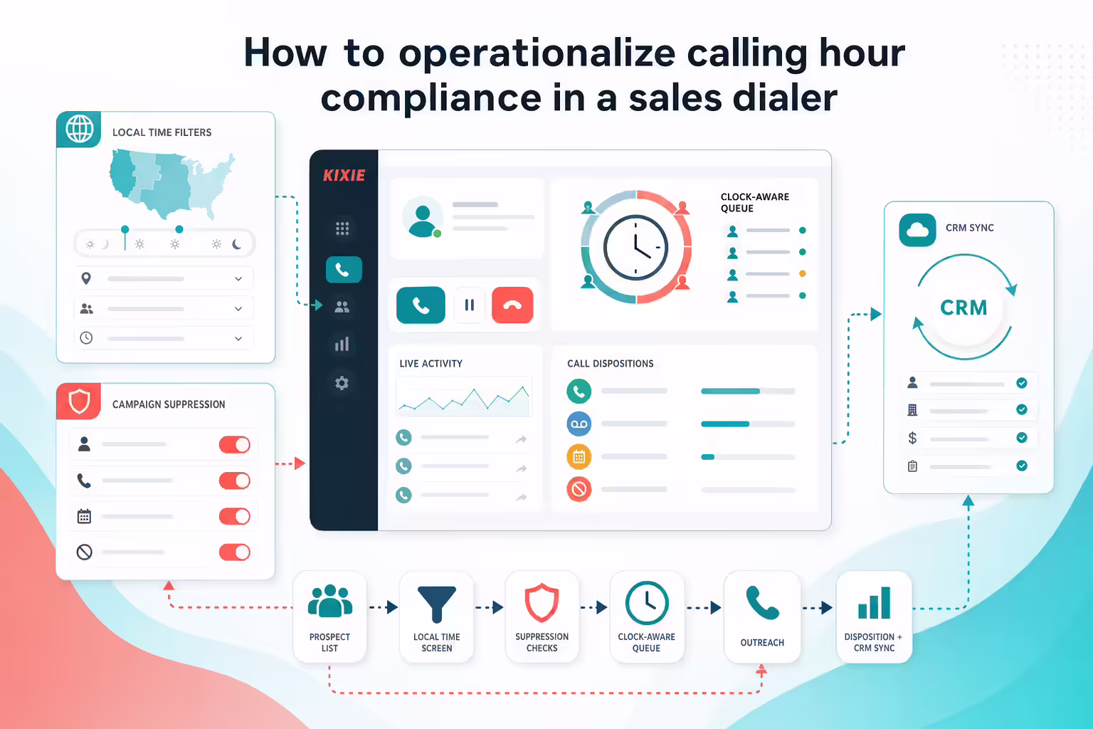 Sales dialer workflow illustration showing local time filters, suppression controls, and CRM sync