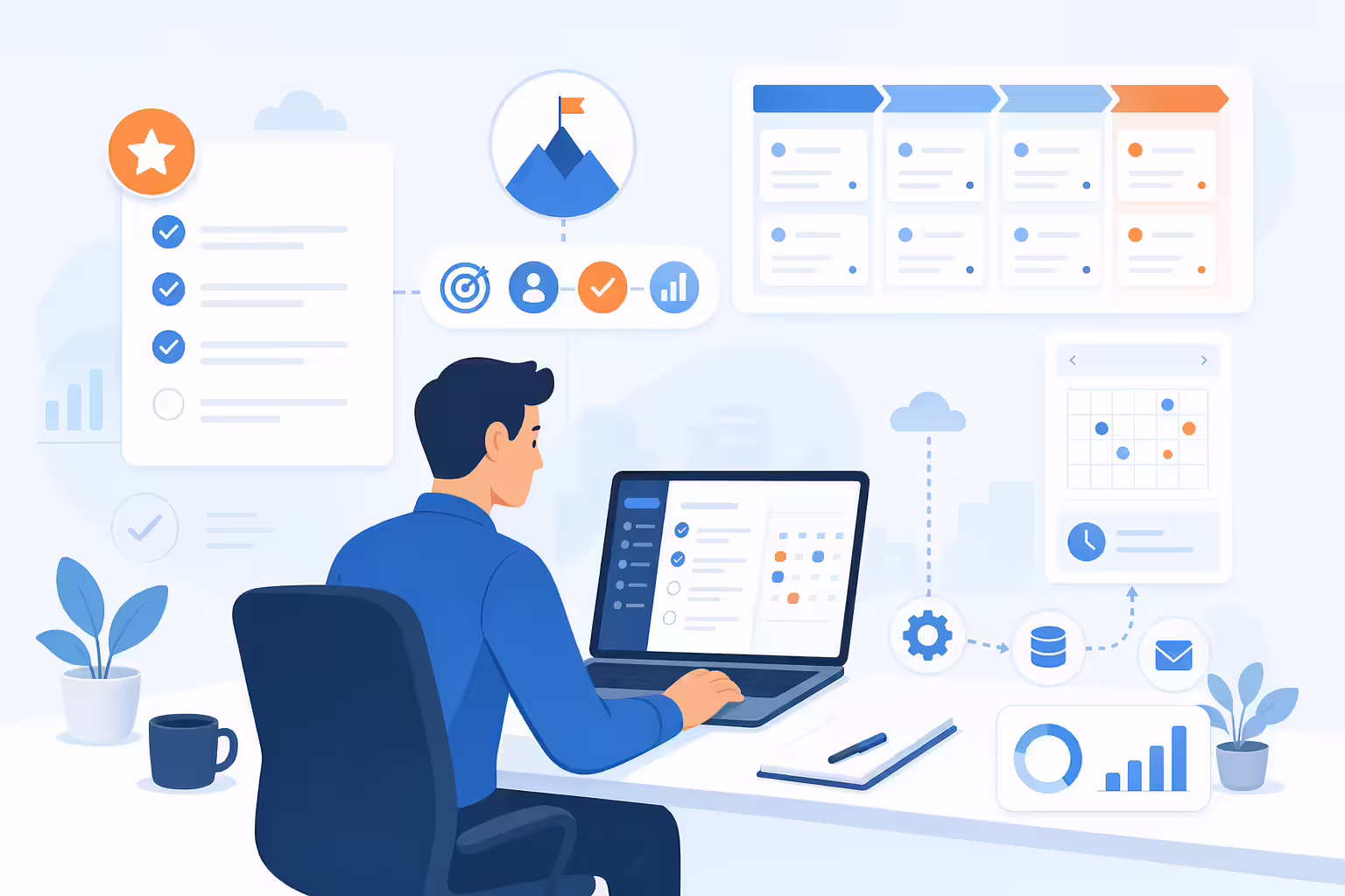 Focused sales workflow with CRM tasks and pipeline progress
