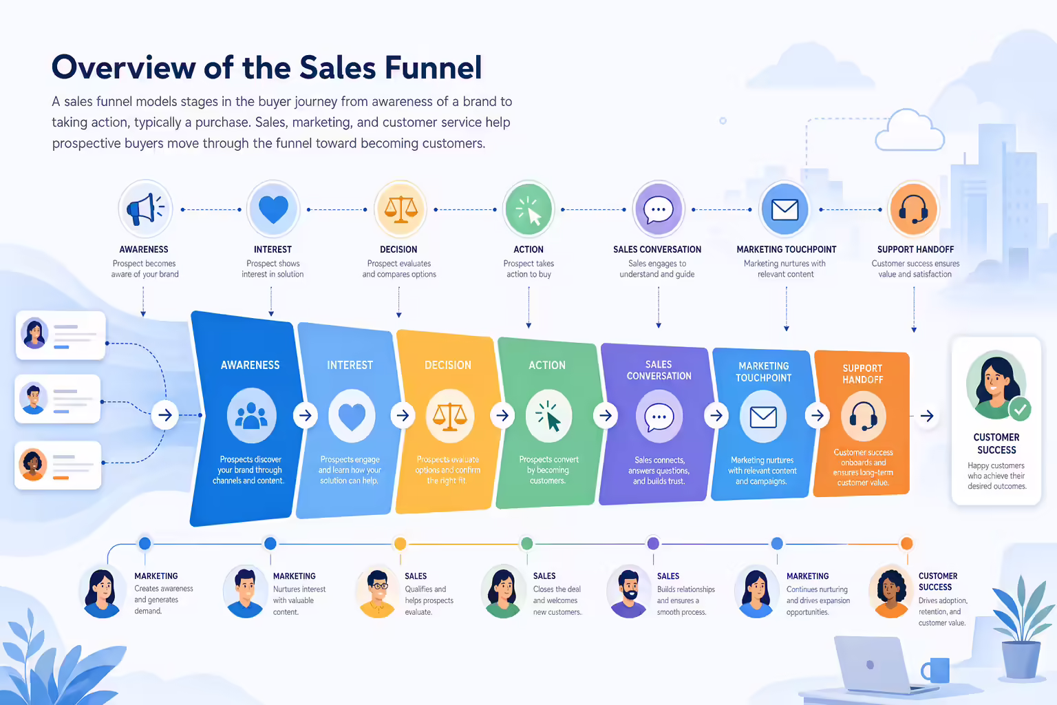 Sales funnel stages guiding prospects toward customers