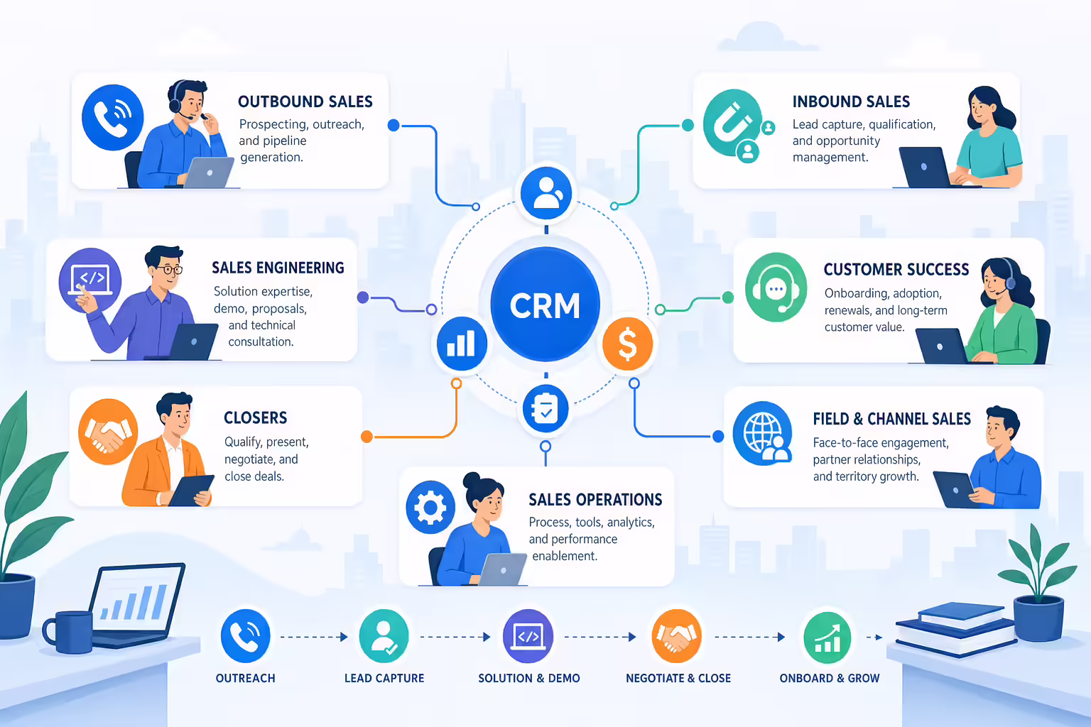 Connected sales roles organized around a CRM workflow