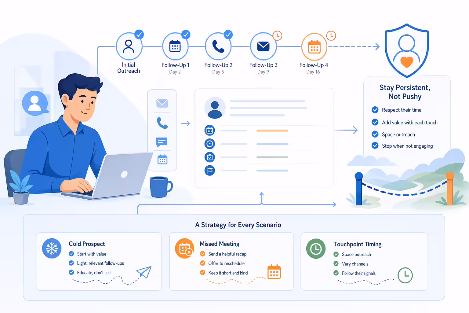 CRM follow-up workflow balancing persistence with prospect boundaries