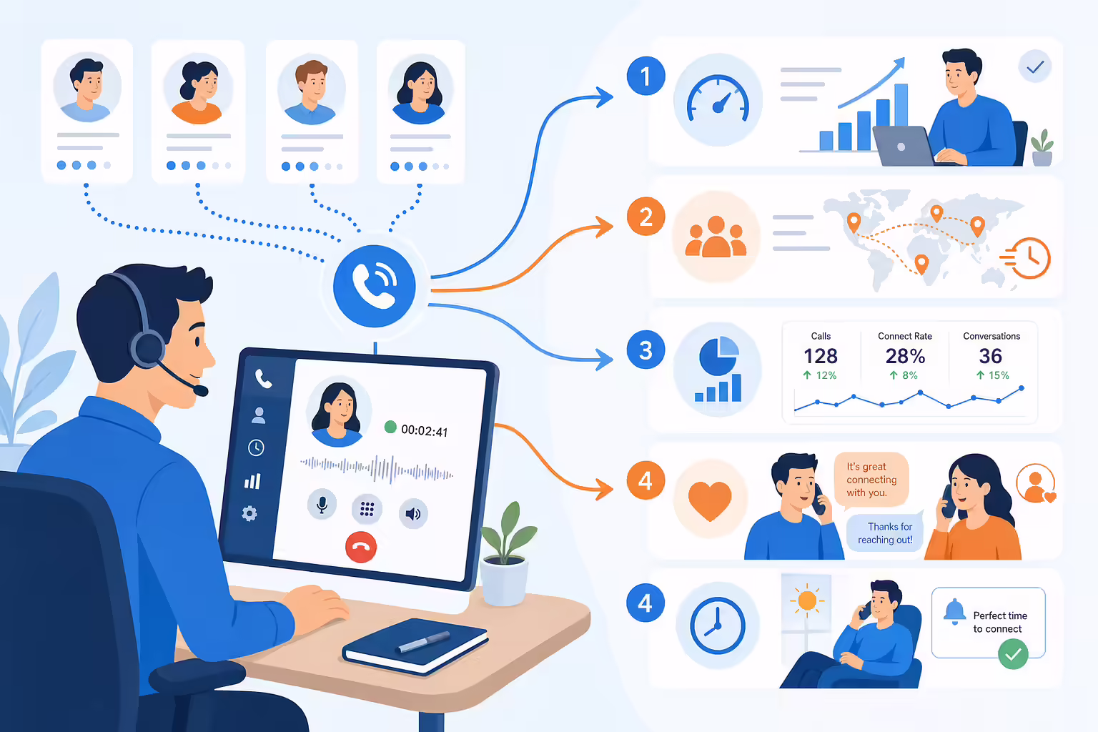 Phone sales workflow connecting prospects, call data, and personal outreach