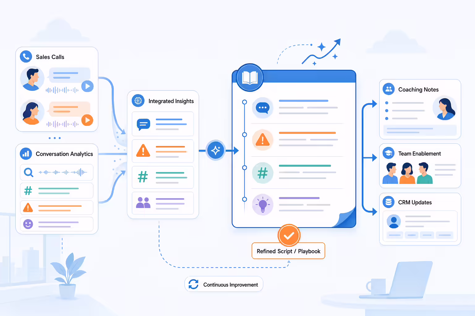 Sales call insights turning into optimized scripts and coaching notes