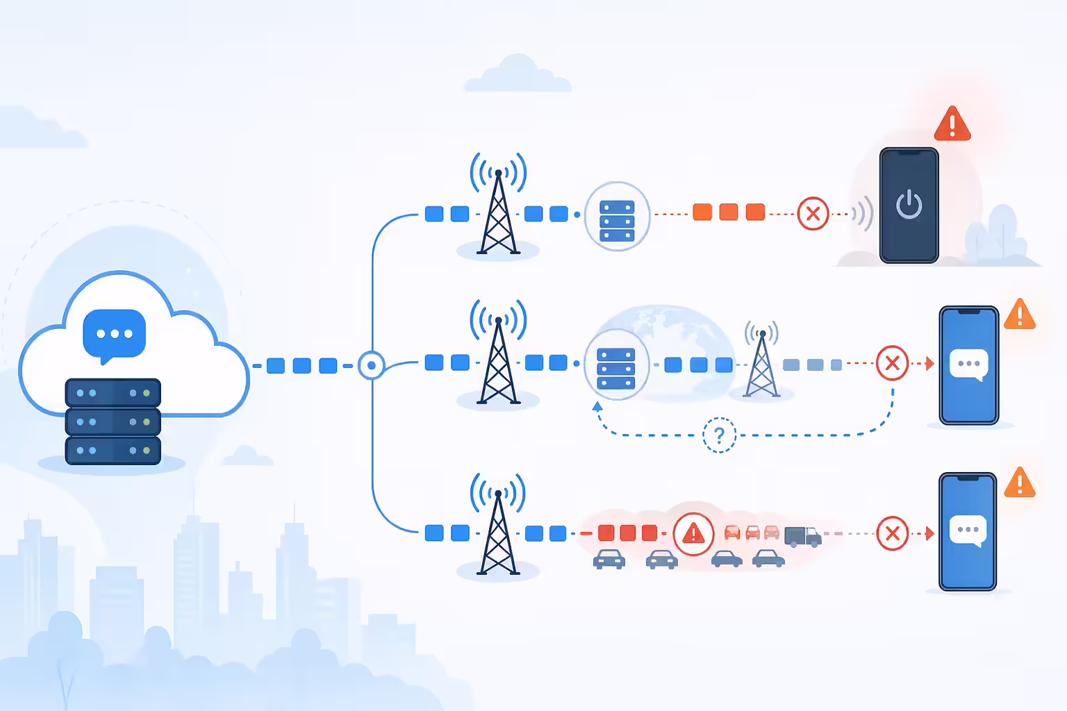 SMS delivery failures caused by offline phones roaming and network congestion
