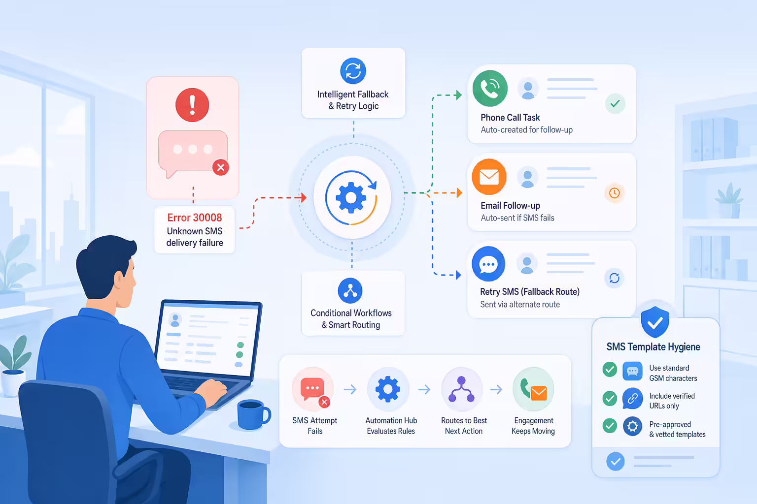 Automation workflow rerouting undelivered SMS messages to calls and email follow-up