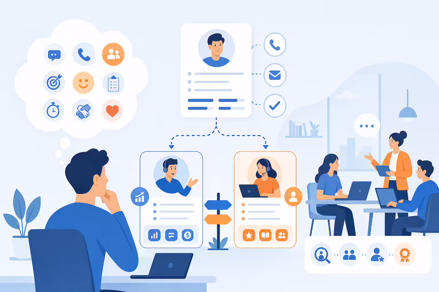 Sales role matching workflow with skills and communication paths