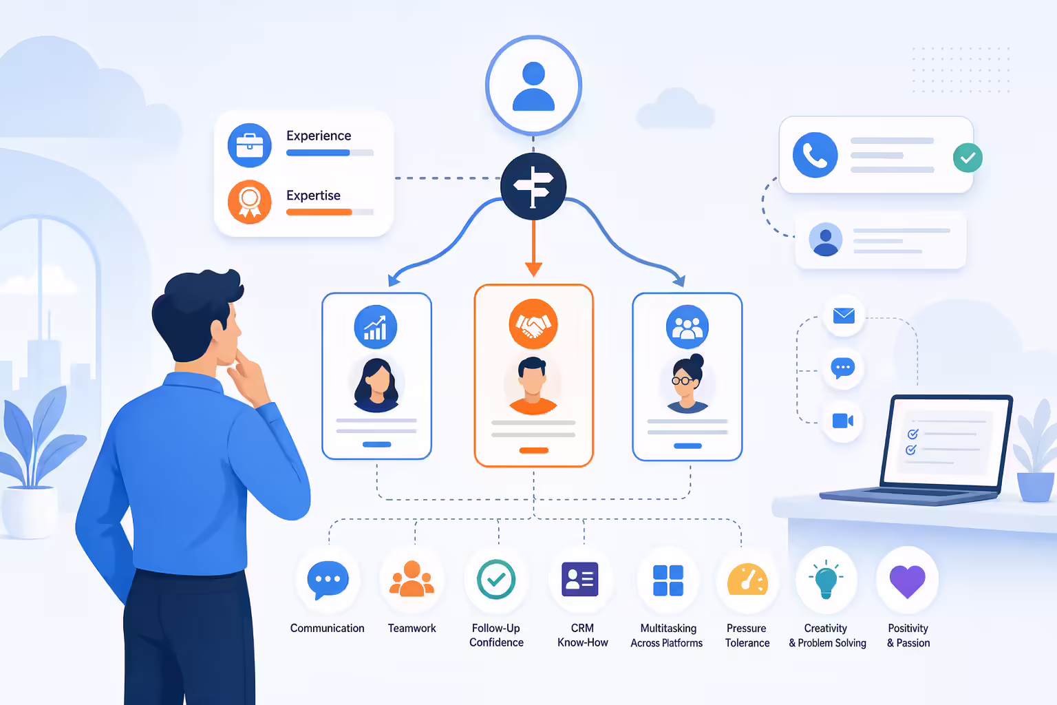 Sales role decision path with skills and CRM workflow signals