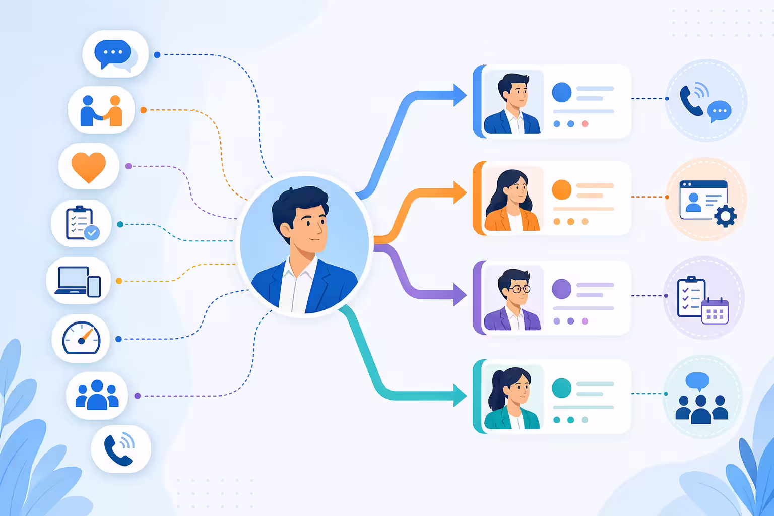 Branching sales role paths connected to skills and CRM workflows