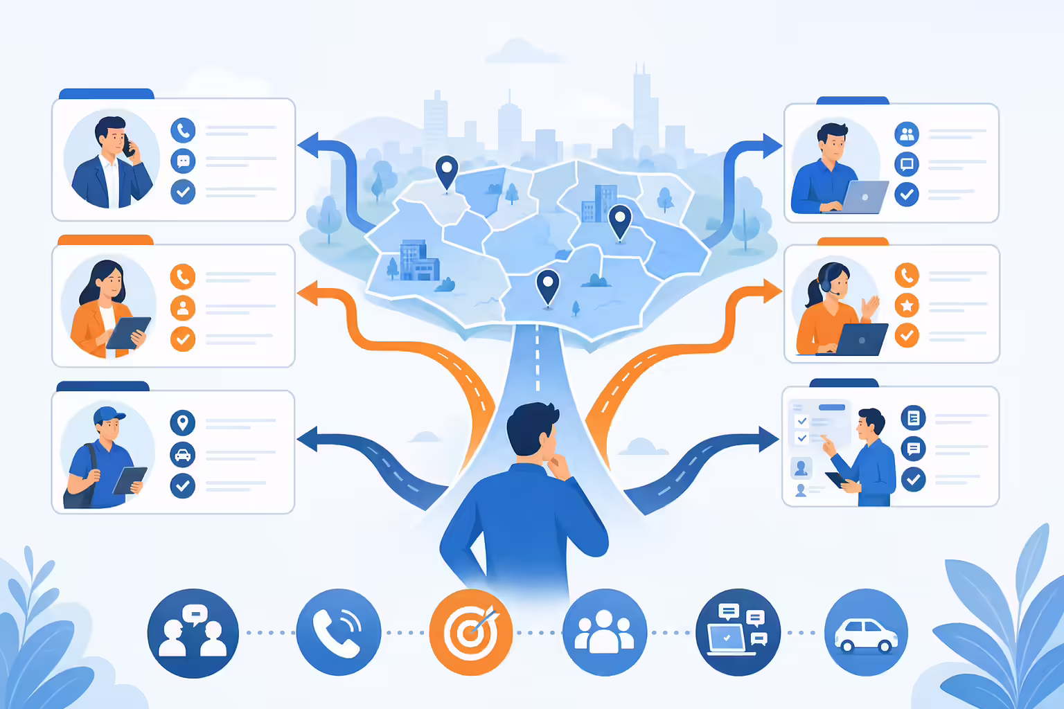 District sales role decision map with territory and CRM workflow