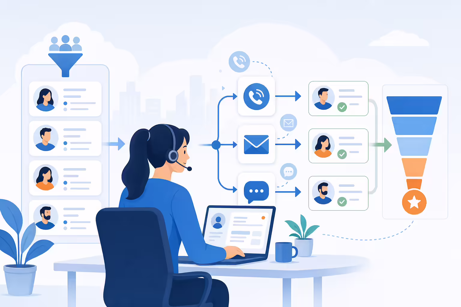 SDR outreach workflow with CRM lead cards and communication channels