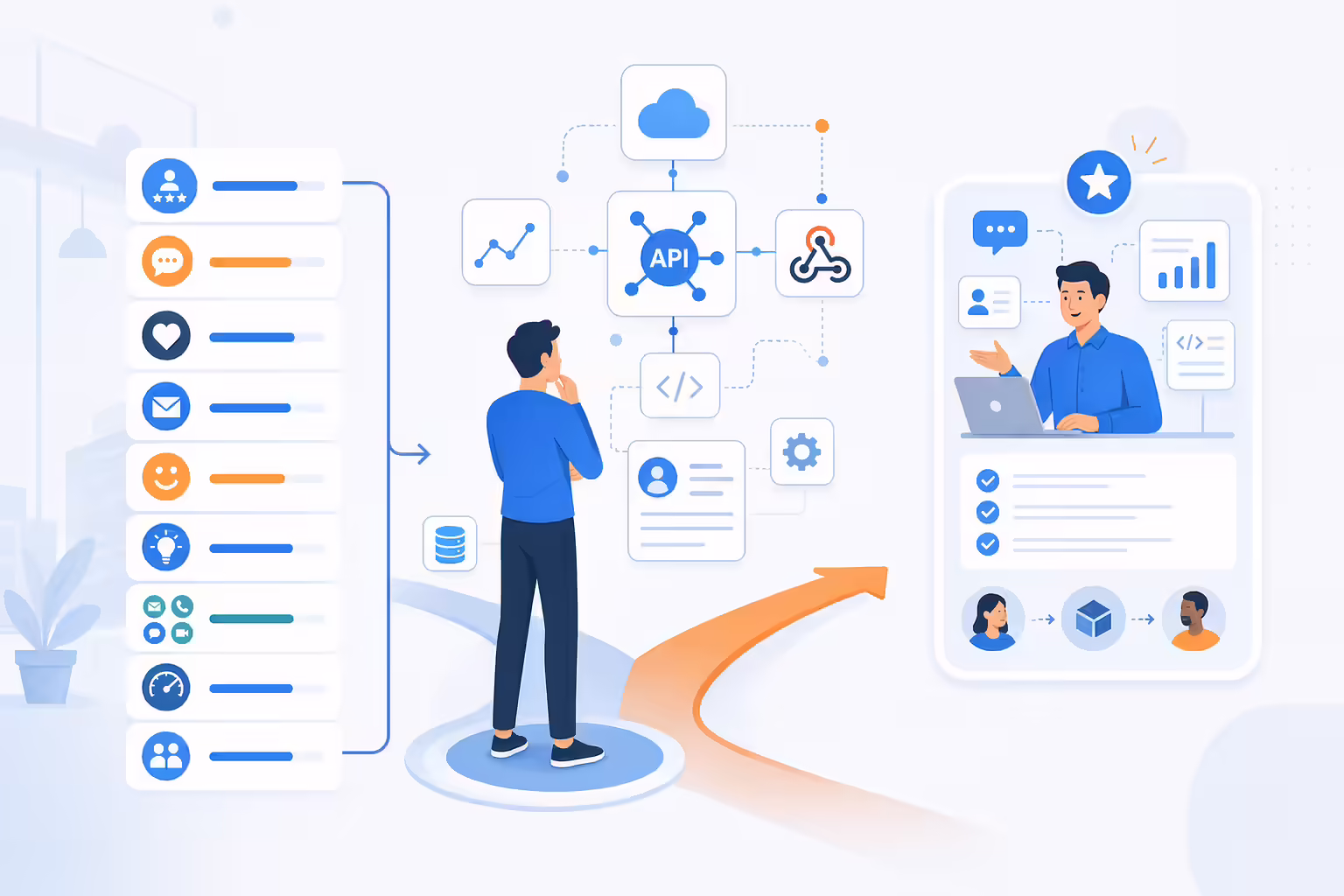 Technical sales role decision path with API and CRM workflow symbols