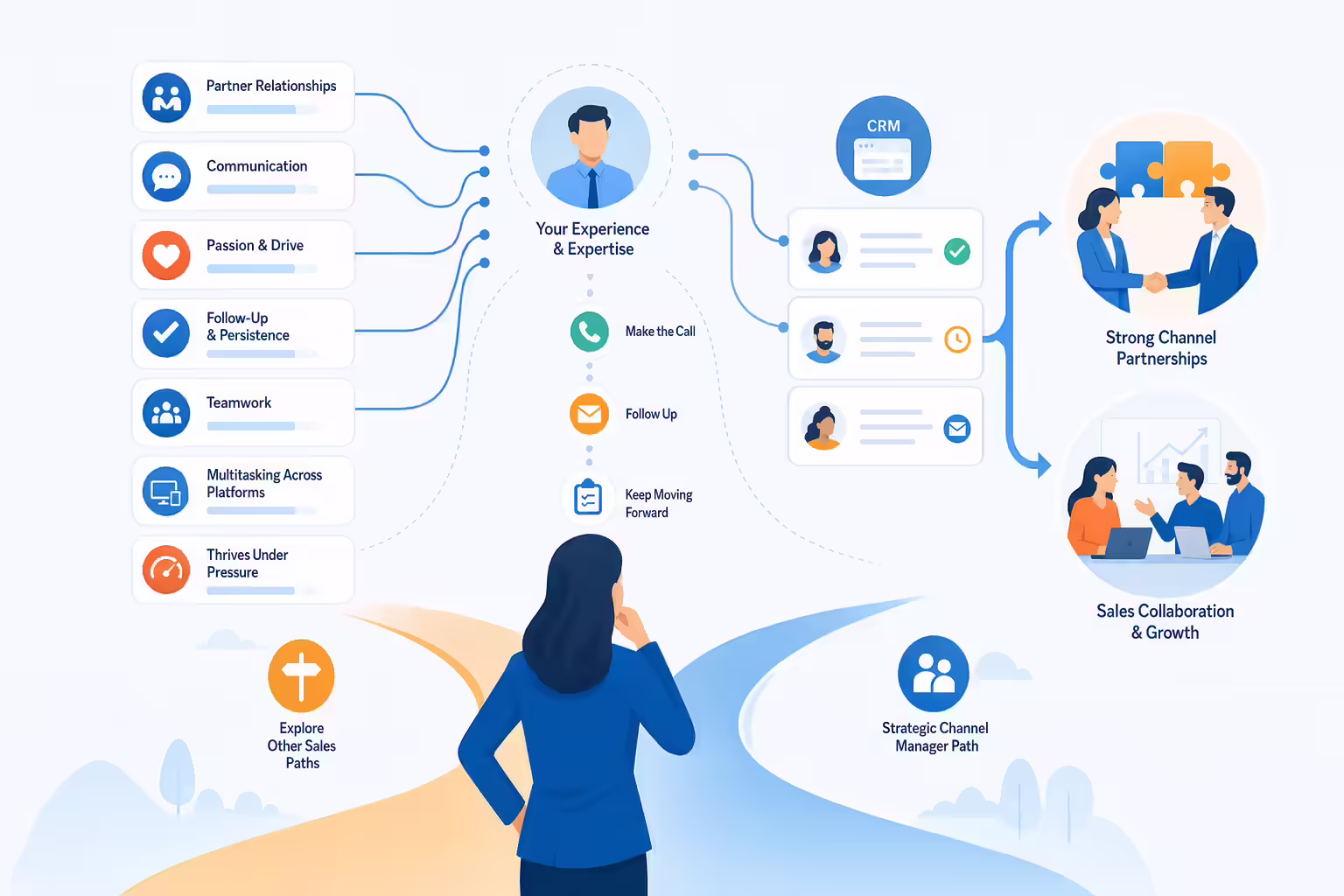 Sales career decision path connecting strengths to channel partnership roles