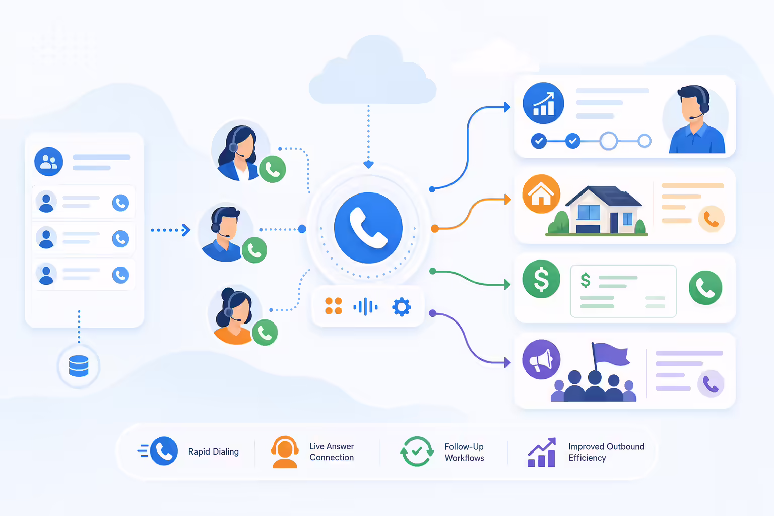 Auto dialer hub routing calls across sales real estate collections and campaigns