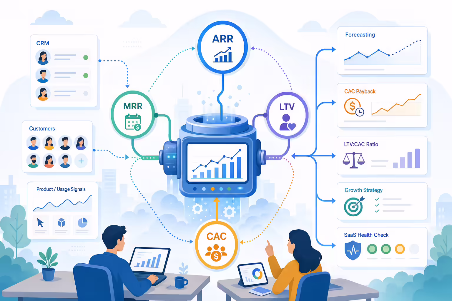 Connected SaaS metrics showing ARR MRR LTV and CAC relationships
