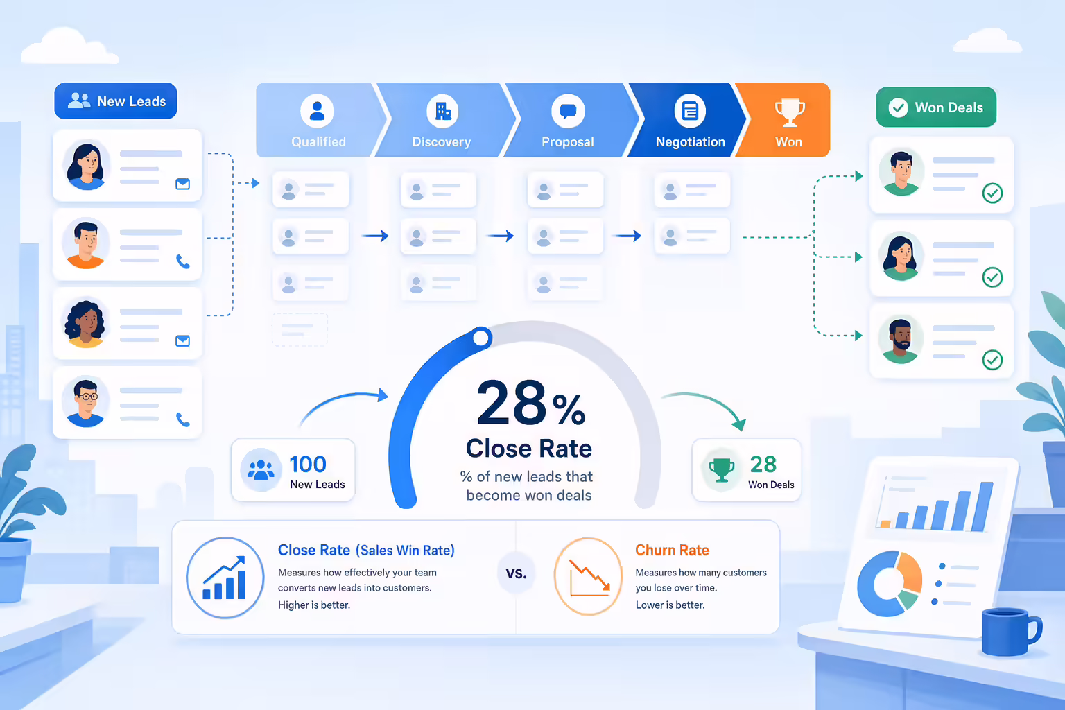 Sales pipeline showing leads converting into closed deals