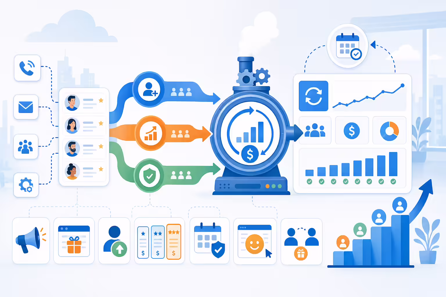 MRR growth workflow showing acquisition expansion and retention