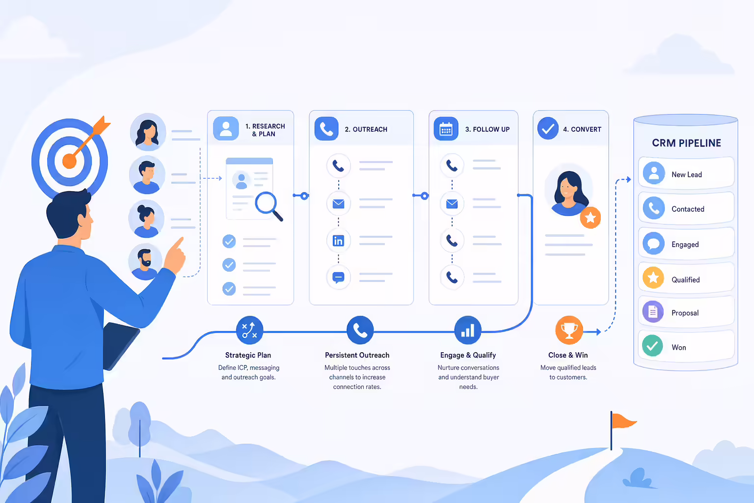 Structured outbound sales strategy connecting prospects to a CRM pipeline