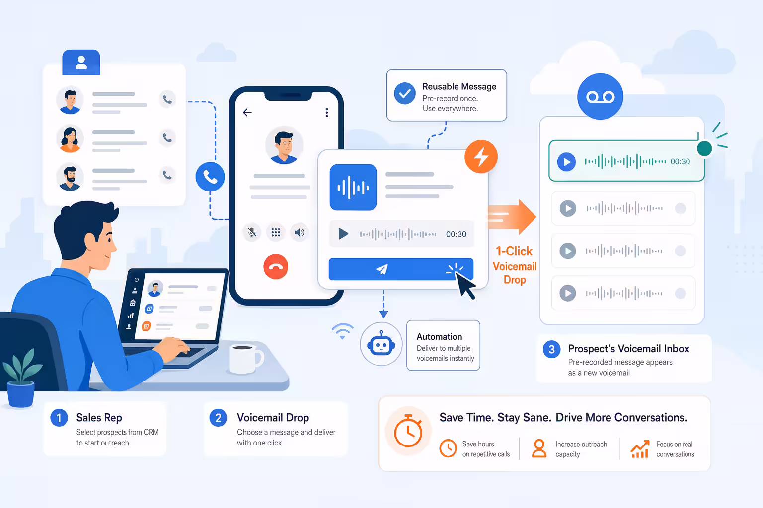 Voicemail drop automation sending a reusable message to an inbox